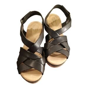 Clarks Annadel Rayna Womens Sz 11 W Black Leather Straps Platform Sandals EUC